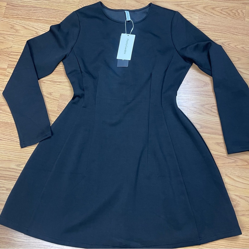 PrettyGarden Women’s Black Long-Sleeve Crewneck Fit & Flare Mini Dress